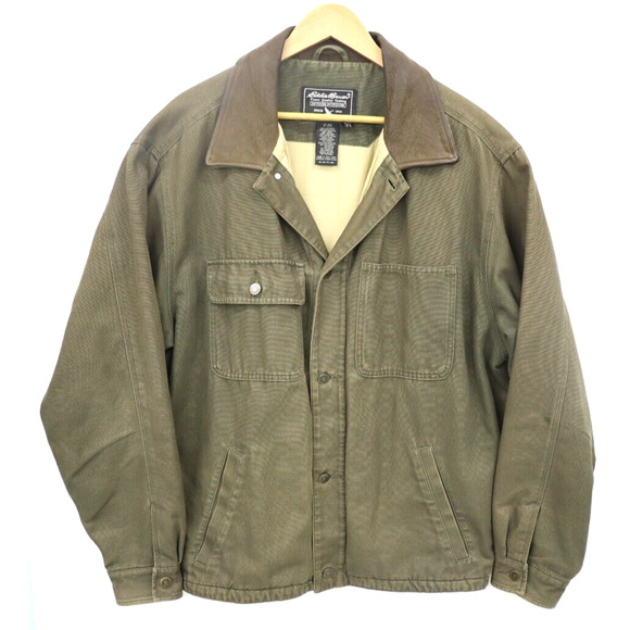 Eddie Bauer Barn Chore Rustic 90's Zip Jacket Leather Collar Olive Men L Tall - Picture 1 of 16